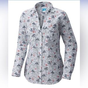 Columbia Women's Button Down Shirt - White with Red and Blue Print